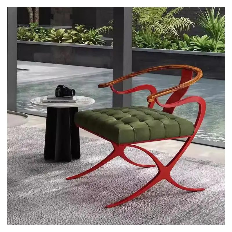 Contemporary Retro Curved Wood Leather Chair Backrest Armrest For Living Room