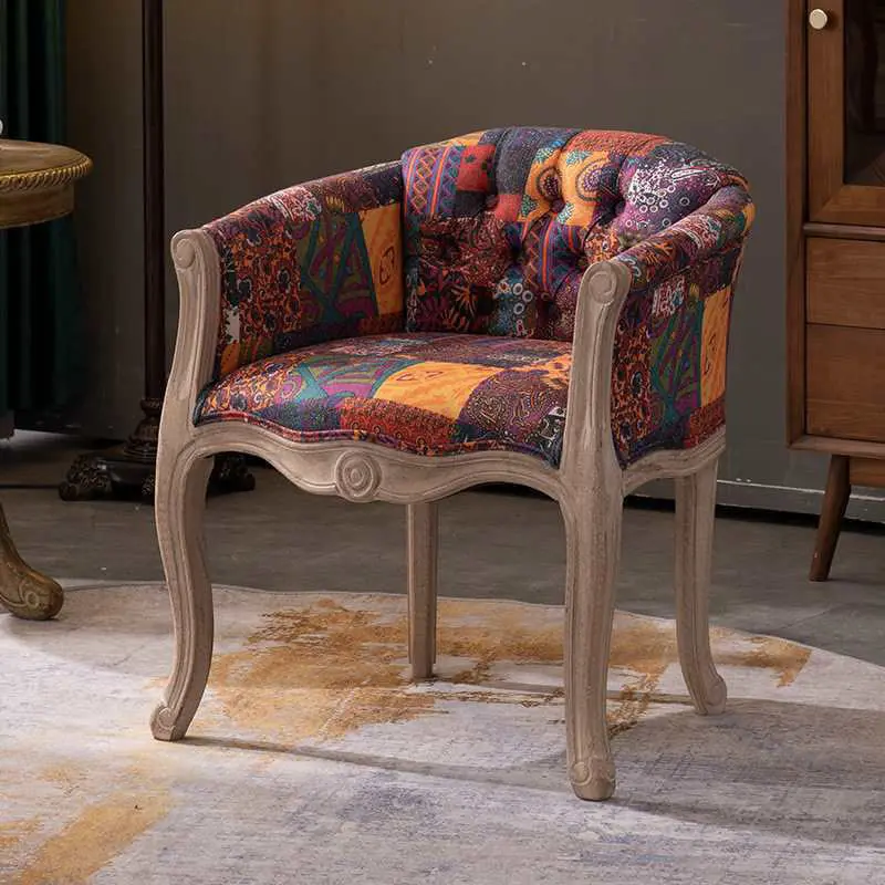 Traditional Vintage Fabric Solid Wood Square Half Round Accent Chair Backrest Armrest For Living Room