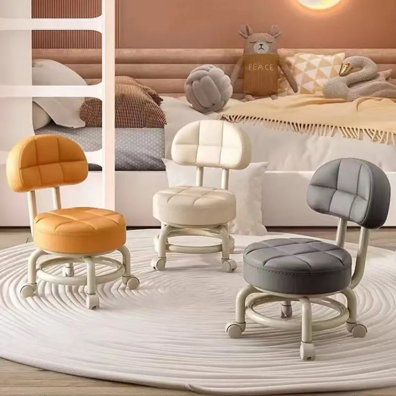 Modern Simplicity Faux Leather Wood Metal Sponge Round Checkered Low Stool Backrest Movable For Living Room