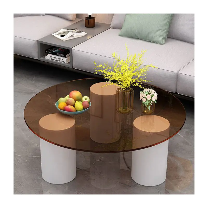 Modern Minimalist Round Column Rock Panel Glass Steel Frame End Table 1-Tier For Living Room