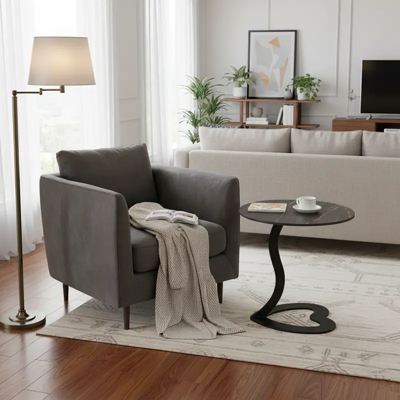 Modern Minimalist Round Stone Slab Iron End Table For Living Room