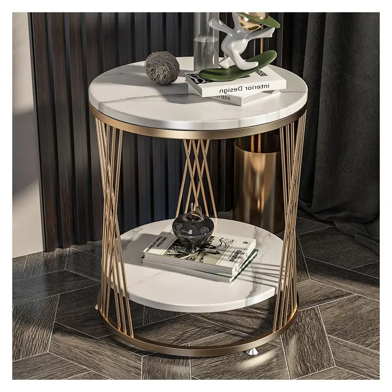 Contemporary Luxury Round Stone Slab Iron Side Table 2-Tier For Living Room