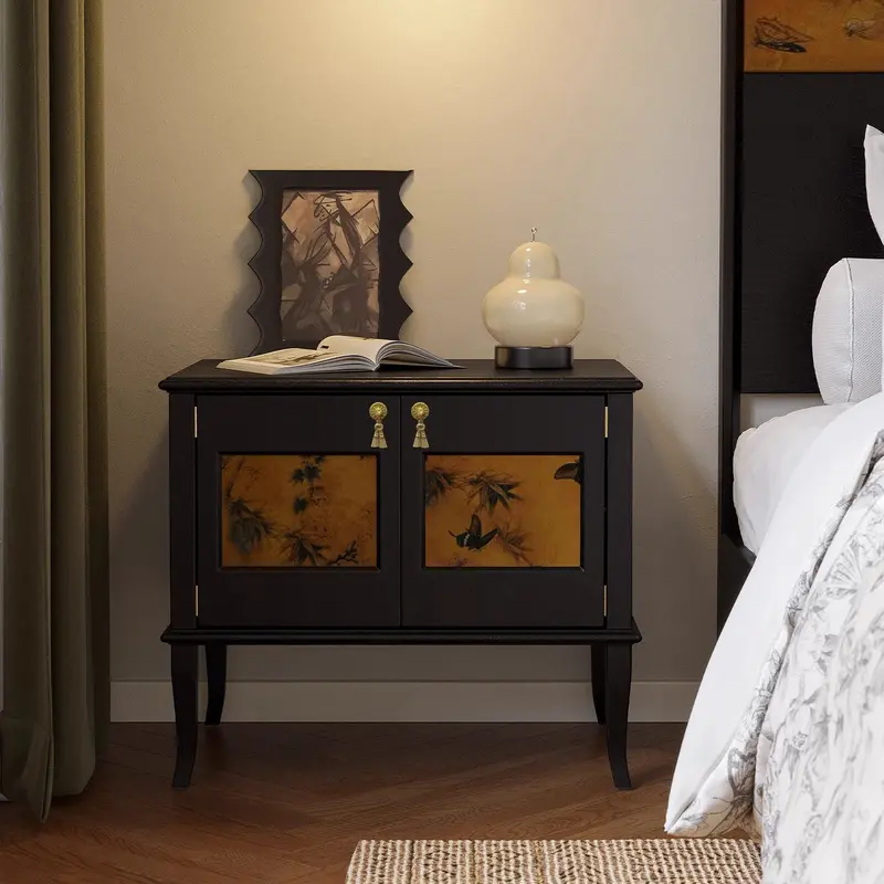 Traditional Vintage Square White Ash Wood Solid Wood Plywood Xiangyunsha Silk Nightstand 1-Cabinet/2-Drawer For Bedroom