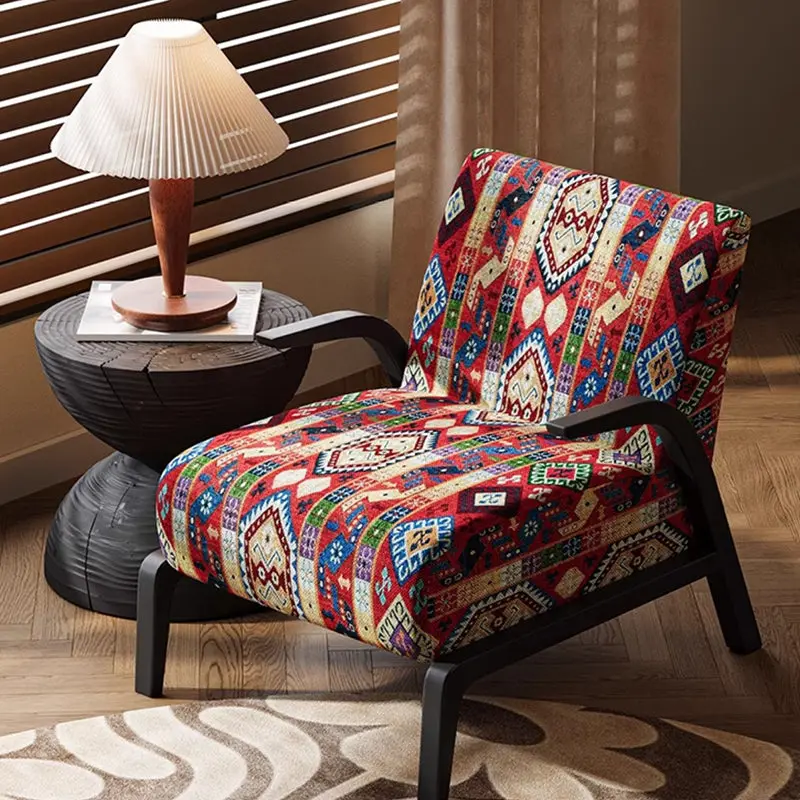 Traditional Vintage Rectangular Jacquard Fabric Solid Wood Accent Chair Backrest Armrest For Living Room