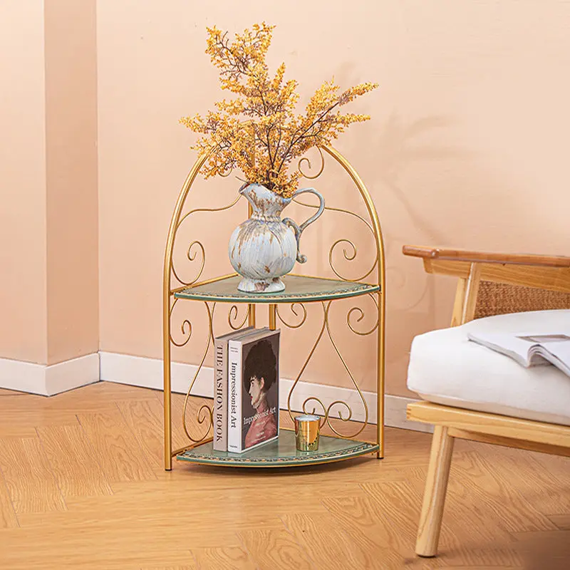 Traditional Vintage Triangular MDF Iron Foldable Side Table 2-Tier For Living Room