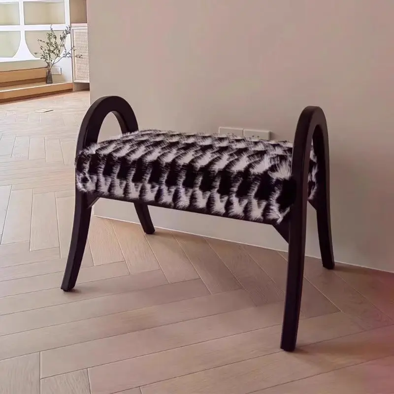 Traditional Vintage Rectangular Cushion Solid Wood Imitation Mink Velvet Sponge Low Stool Armrest For Living Room