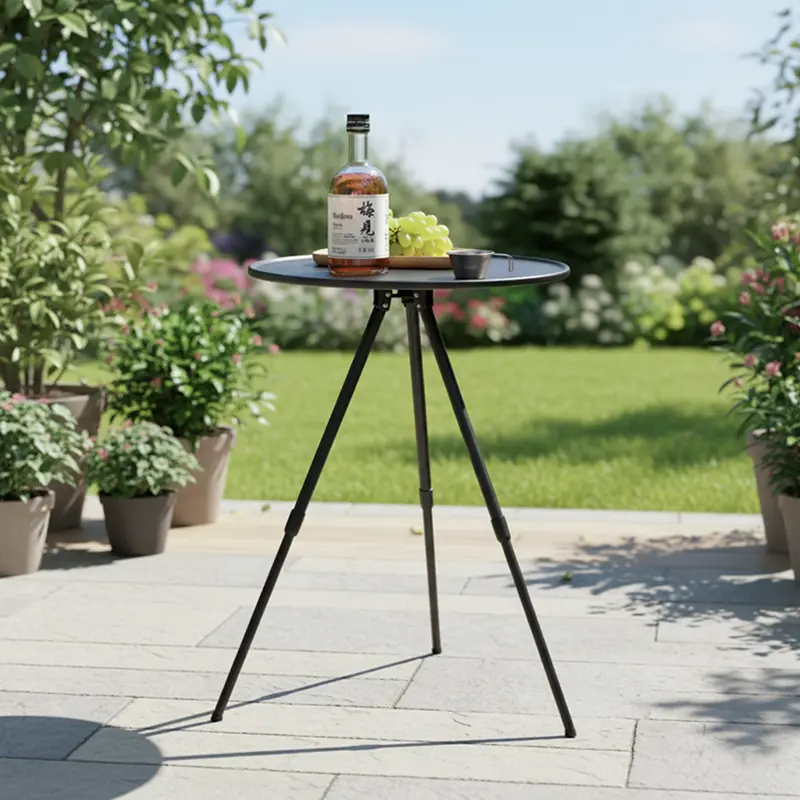 Modern Minimalist Round Acrylonitrile Butadiene Styrene Plastic Carbon Steel Height Adjustable Foldable End Table 1-Tier For Outdoor Patio