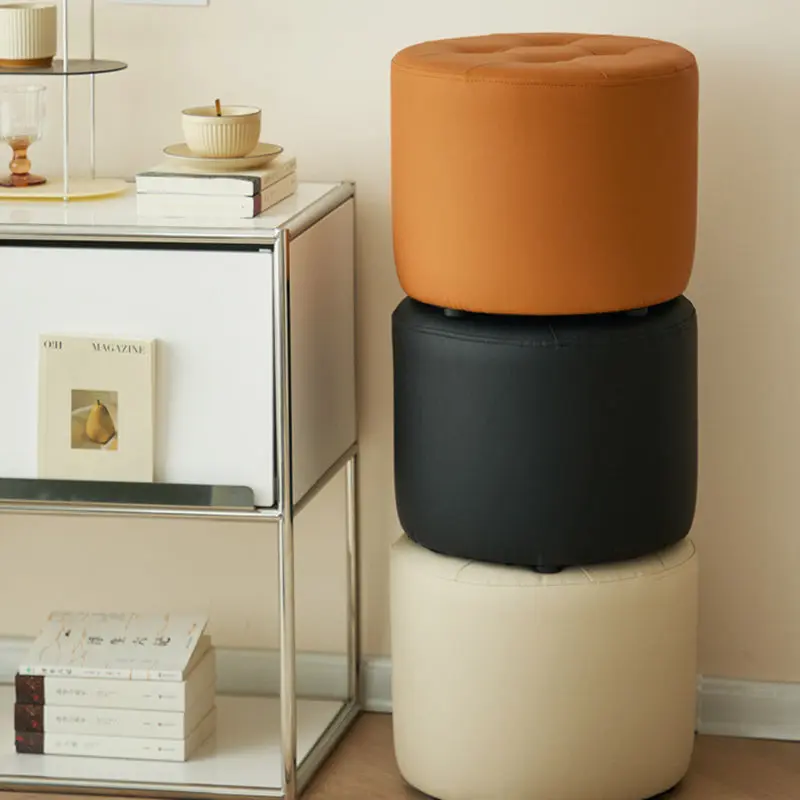 Contemporary Scandinavian Cat Scratch Leather Solid Wood Round Cylinder Low Stool For Living Room