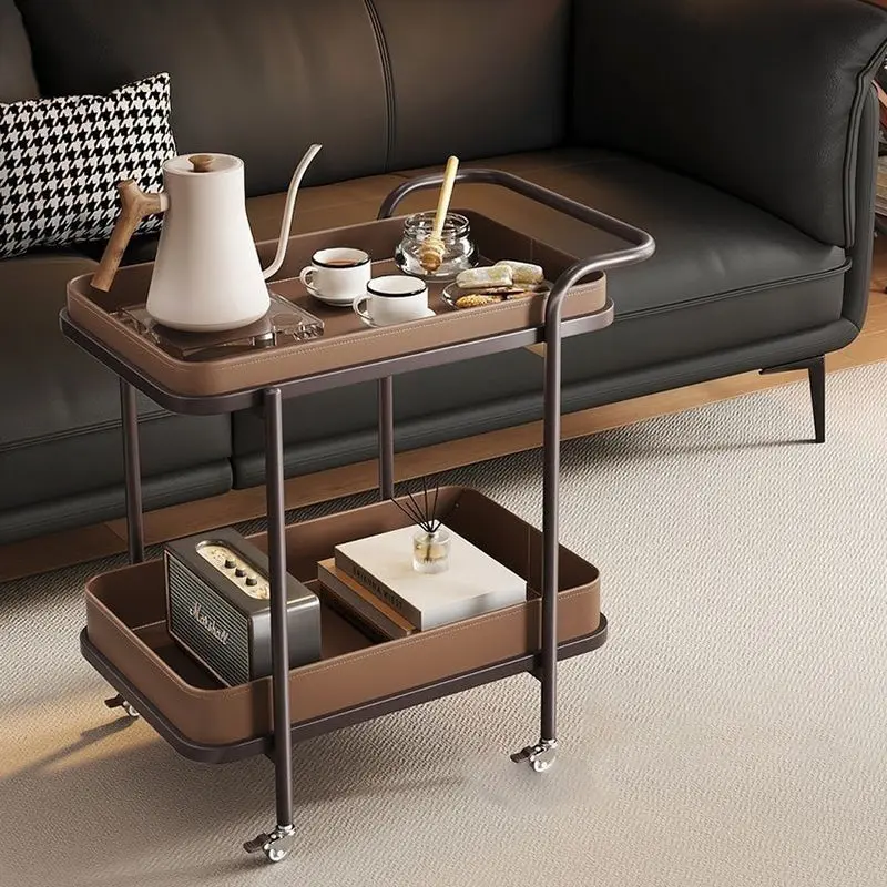Contemporary Scandinavian Saddle Leather Carbon Steel Movable Cylindrical Rectangular Side Table With 2-Tier For Living Room