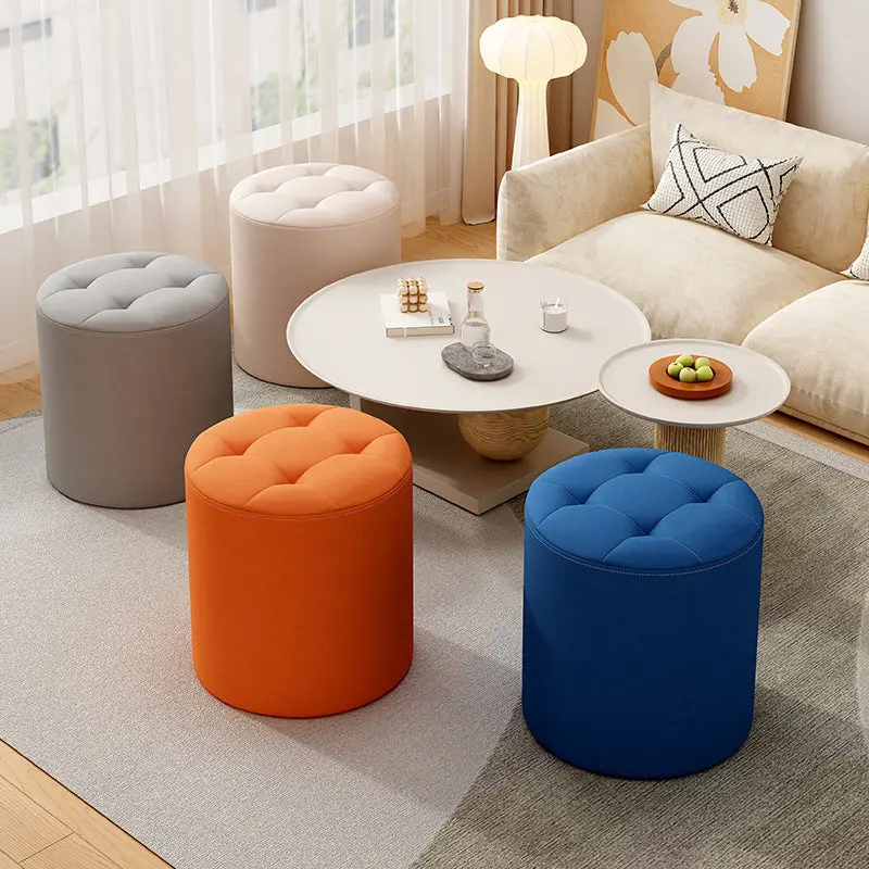 Modern Minimalist Cat Scratch Leather Solid Wood Round Stool For Living Room