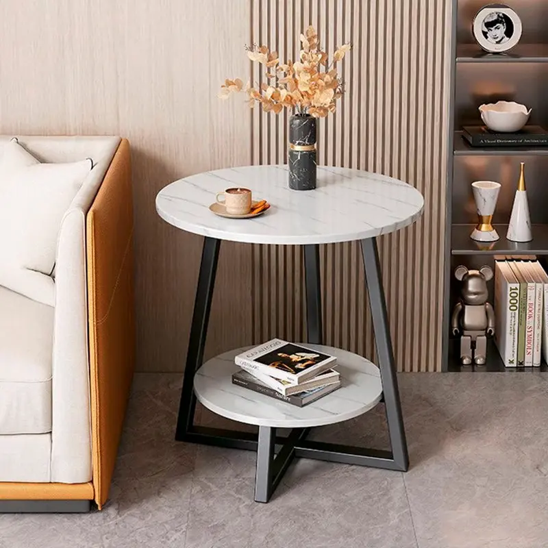 Modern Minimalist Round Carbon Steel MDF End Table 2-Tier For Living Room