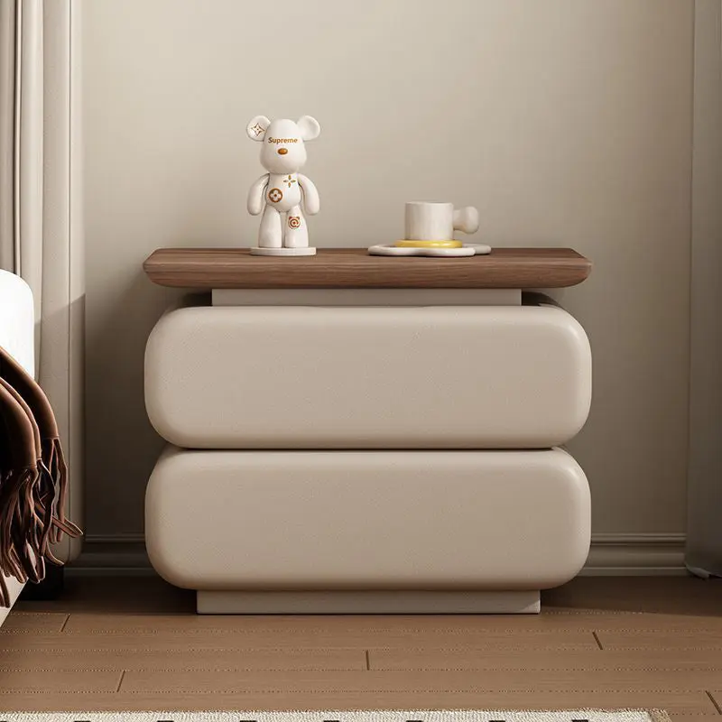 Traditional Vintage Solid Wood Microfiber Leather Rounded Square Nightstand With 2 Drawers For Bedroom