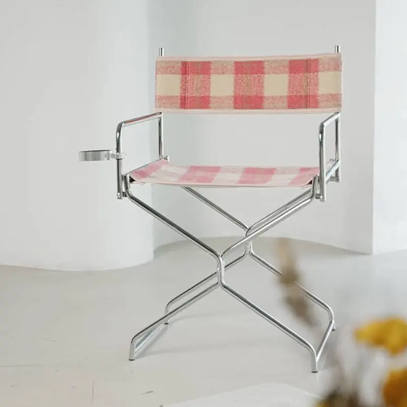 Art Deco Inspired Woven Folding Directors Chair - Retro Plaid Fabric Portable Accent Chair For Outdoor Patio
