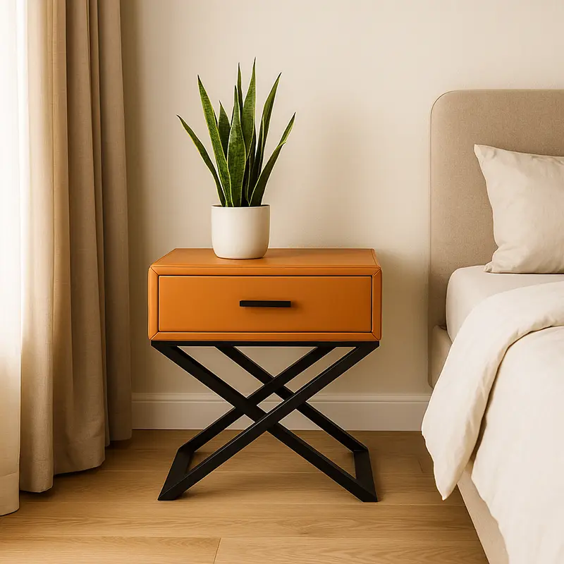 Contemporary Industrial X-Shaped Bedside Table - Veneered Plywood 1-Drawer Nightstand For Bedroom
