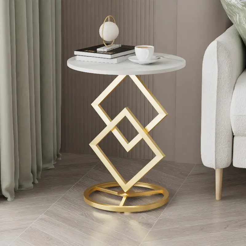 Modern Minimalist Round Stone Slab Wrought Iron End Table 1-Tier For Living Room