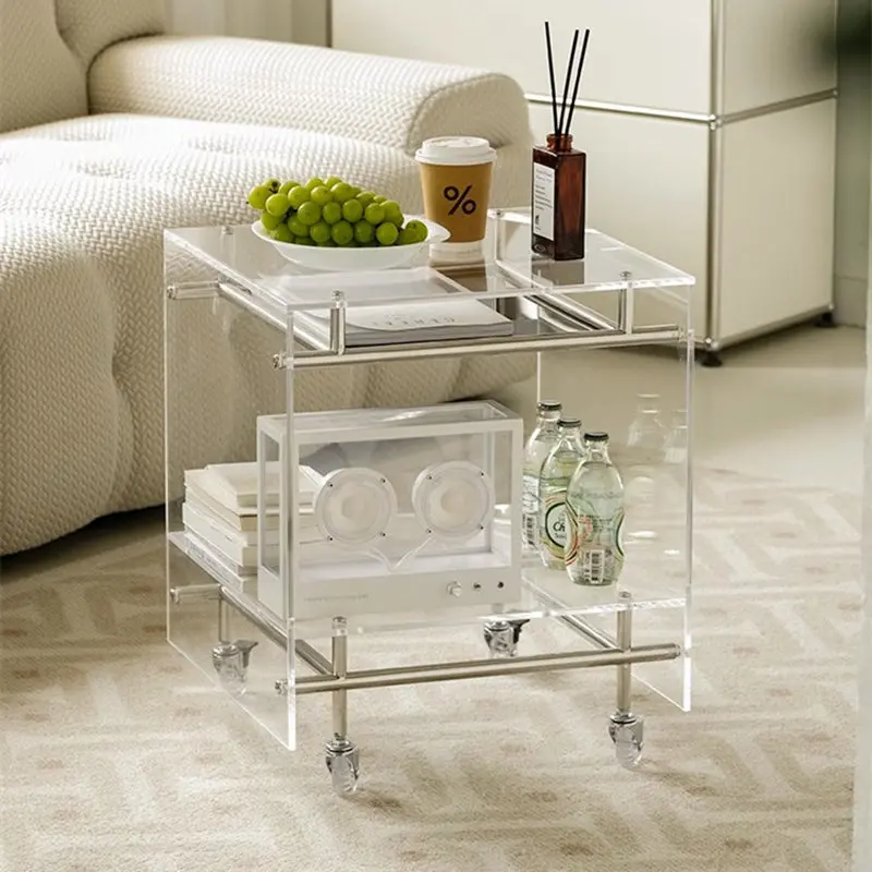 Modern Minimalist Square Acrylic Stainless Steel Movable End Table 2-Tier For Living Room