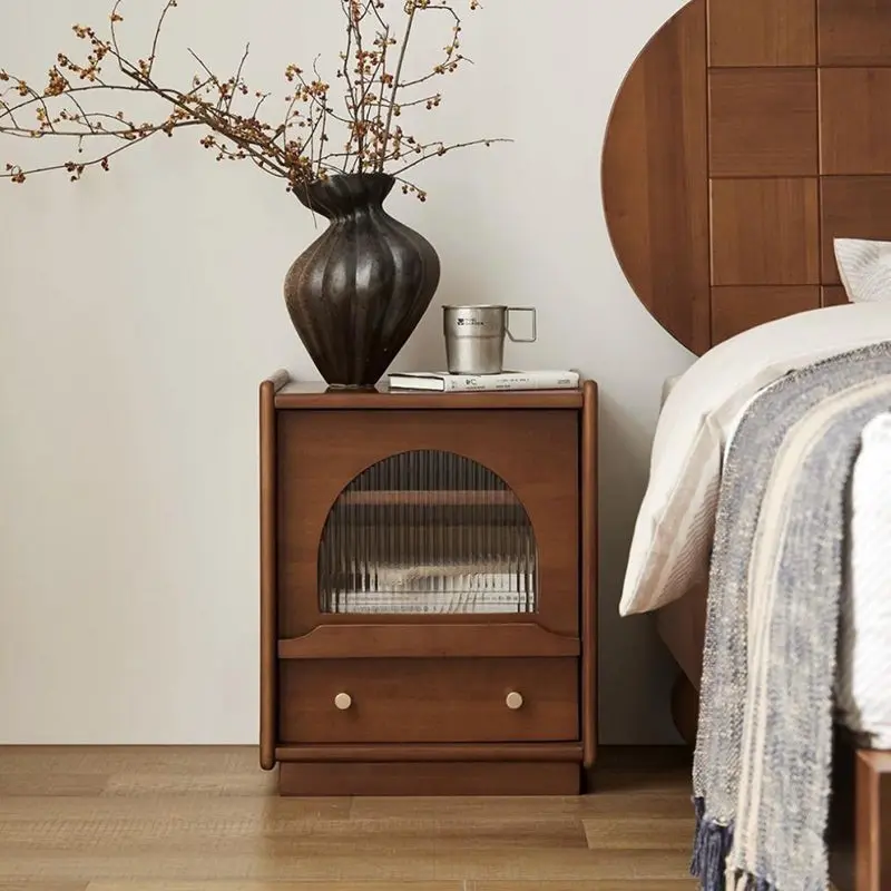 Traditional Vintage Square Rectangular Cherry Wood Pine Wood Glass Nightstand With 2-Drawer For Bedroom