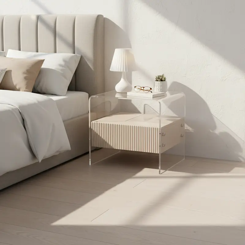 Transparent Acrylic Nightstand - Minimalist Sturdy U-Shaped Support Legs Bedside Table 1-Drawer For Bedroom & Living Room