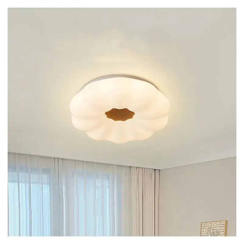 Contemporary Creative Pumpkin Shape Hardware Wood Acrylic Shade LED Flush Mount Ceiling Light For Bedroom
