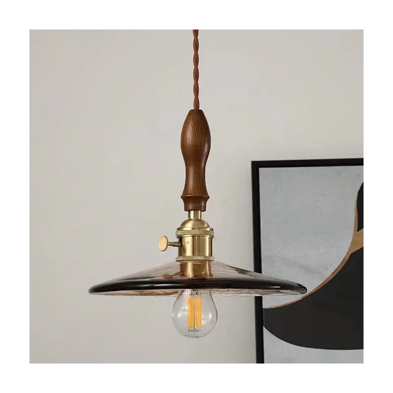 Traditional Vintage Round Wood Brass Glass Shade 1-Light Pendant Light For Living Room