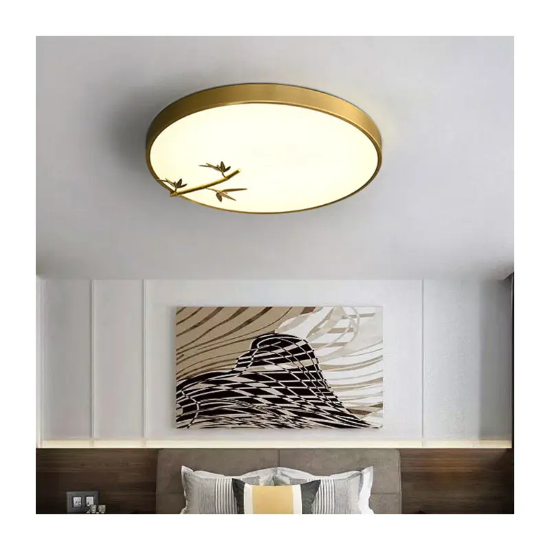 Traditional Chinese Brass Acrylic Round Bamboo Leaf LED Flush Mount Ceiling Light For Bedroom