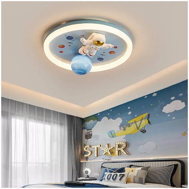 Contemporary Creative Cartoon Kids Space Astronaut Resin Iron Acrylic LED Flush Mount Lighting For Bedroom