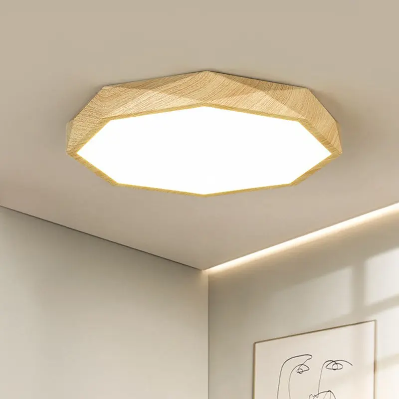 Modern Simplicity Wood Grain Octagonal Shape Iron Acrylic LED Flush Mount Ceiling Light For Bedroom