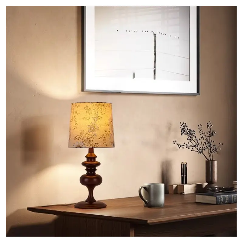 Traditional Vintage Table Lamp  1-Light Cylinder Design in Solid Wood & Fabric for Bedroom
