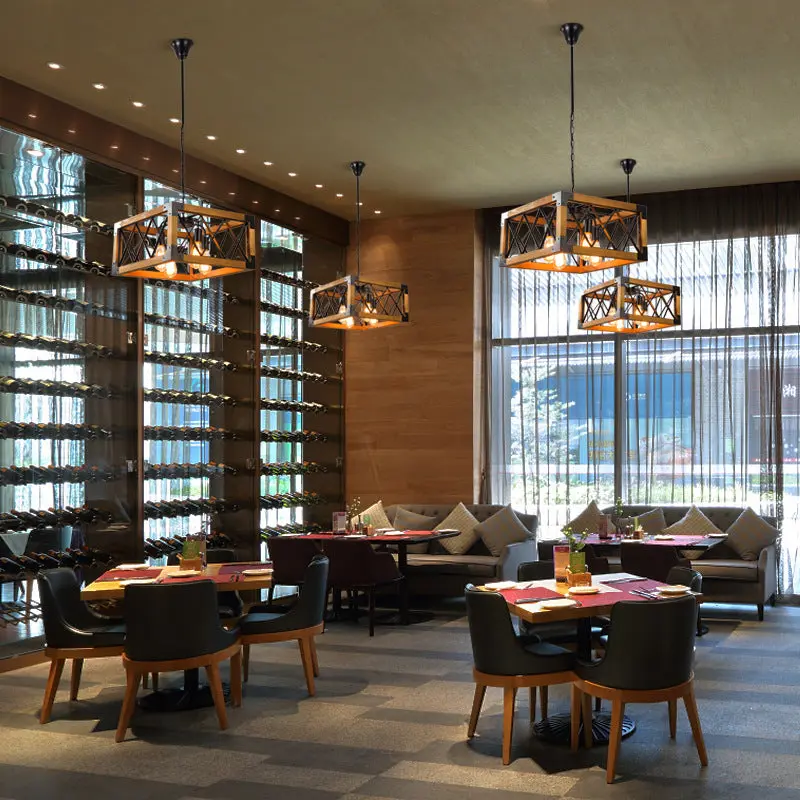 Traditional Vintage Rectangle Square Skeleton Wood Iron 4/5 Lights Chandelier For Living Room