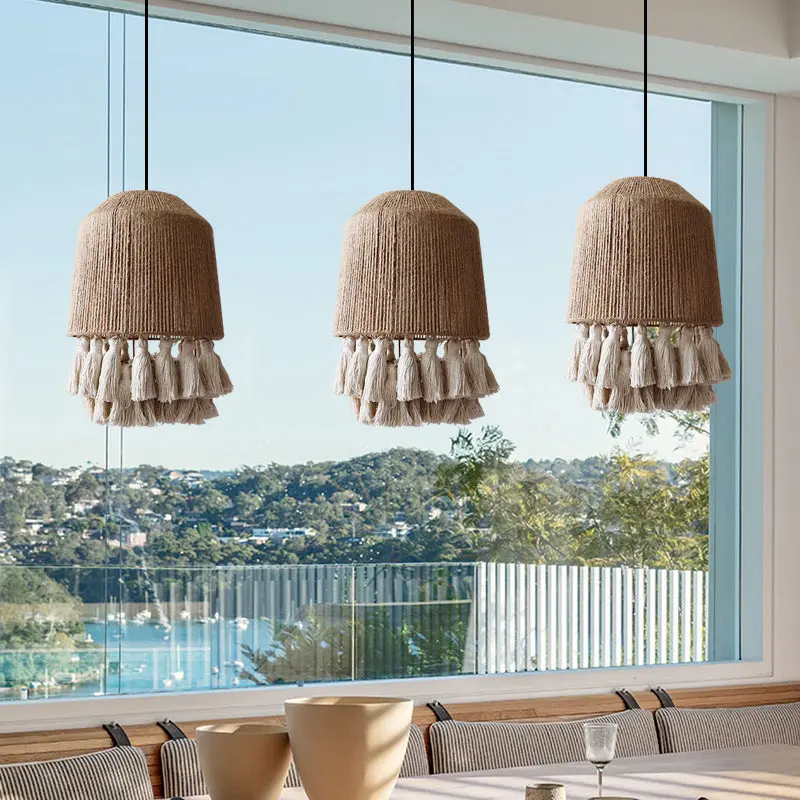Contemporary Boho Dome Round Hemp Rope Weaving Iron 1 - Light Chandeliers For Dining Room
