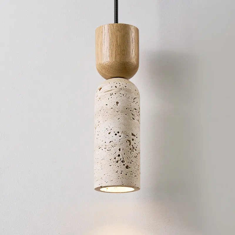 Traditional Vintage Round Column Beige Travertine Solid Wood 1-Light Pendant Light For Living Room