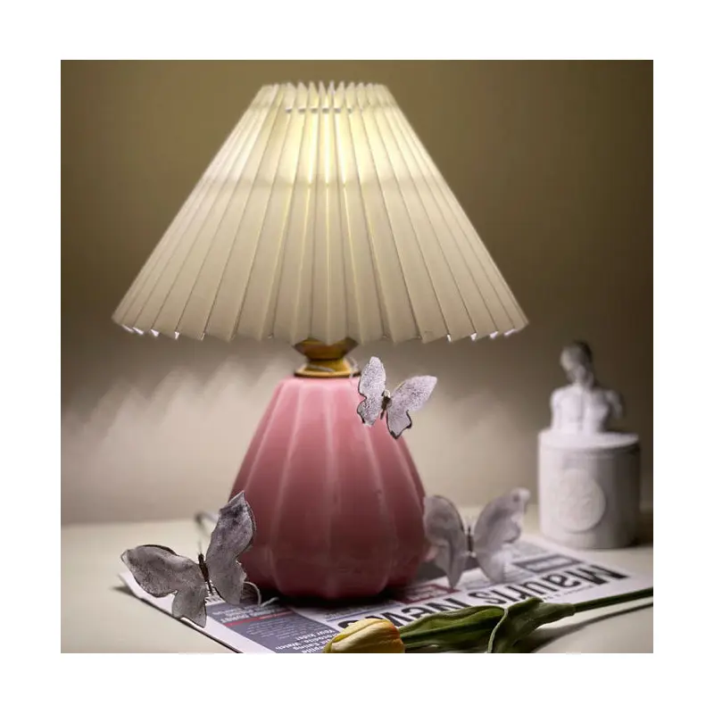 Traditional Vintage Round Cone Pleated Fabric Ceramic 1-Light Table Lamp For Bedroom