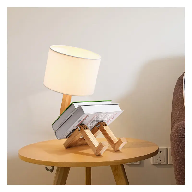 Contemporary Creative Adjustable Robot Shape Wood Base Cylinder Fabric 1-Light Table Lamp For Living Room