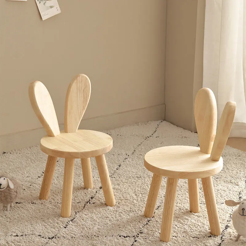Contemporary Creative Solid Wood Rubber Wood Low Stool Bunny Ears Backrest Armless For Living Room