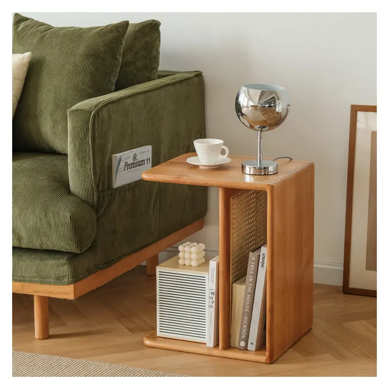 Contemporary Nordic Rectangular Cube Cherry Wood Rattan Side Table 2 - Tier For Living Room