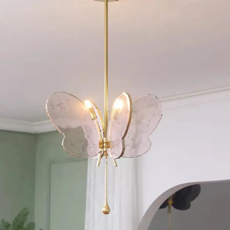 Contemporary Creative Butterfly Resin Hardware Glass 2-Light Chandelier For Living Room