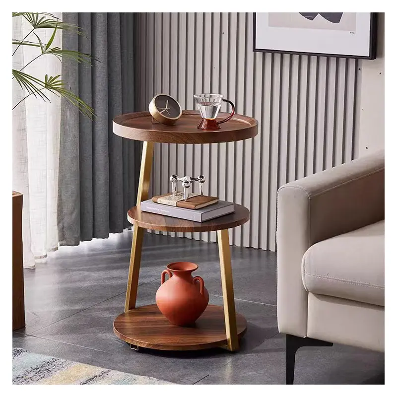 Modern Minimalist Round Wood Carbon Steel Side Table 3-Tier For Living Room