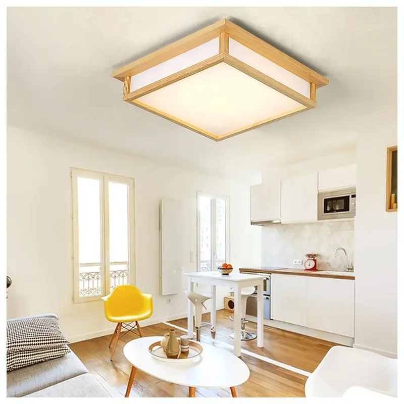 Traditional Japanese Square Wood Acrylic LED Flush Mount Ceiling Light For Bedroom