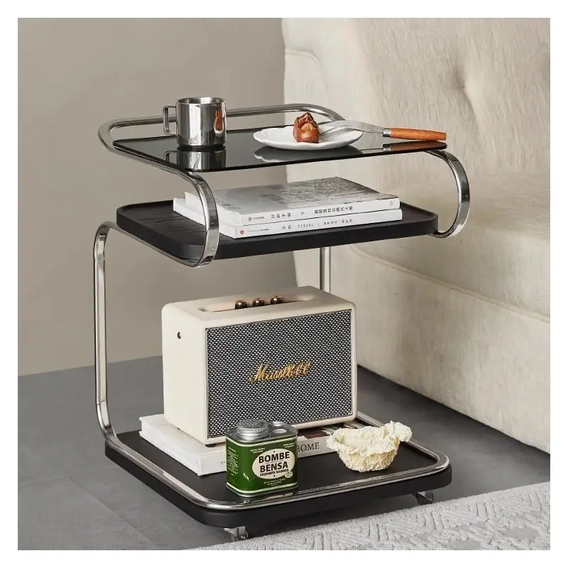 Contemporary Retro Reinforced Glass Density Board Iron Square Side Table 3-Tier Movable For Living Room