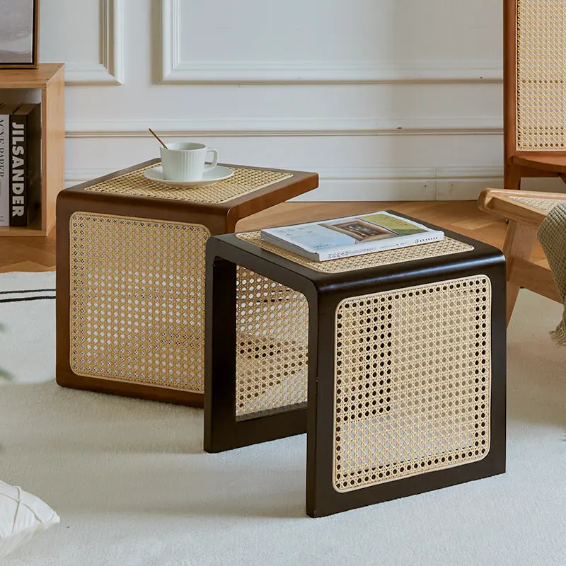 Traditional Japanese Square Rubberwood Rattan End Table For Living Room