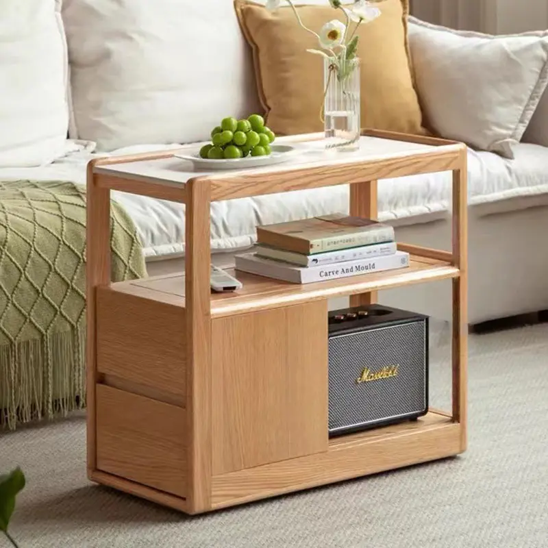 Modern Simplicity Rectangular Cube Rock Board Red Oak Side Table 2 - Drawer For Living Room