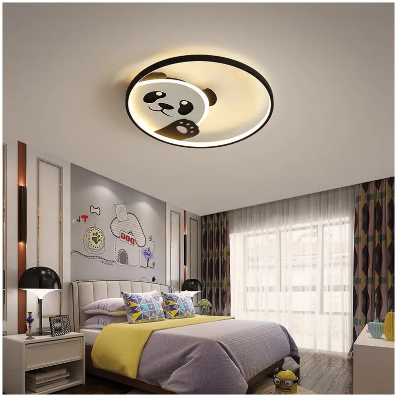 Contemporary Creative Kids Cartoon Panda Iron LED Flush Mount Ceiling Light For Bedroom