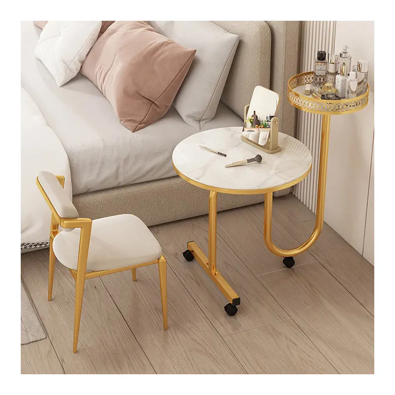 Modern Luxury Round Rock Slab Iron Side Table 1-Shelf For Living Room