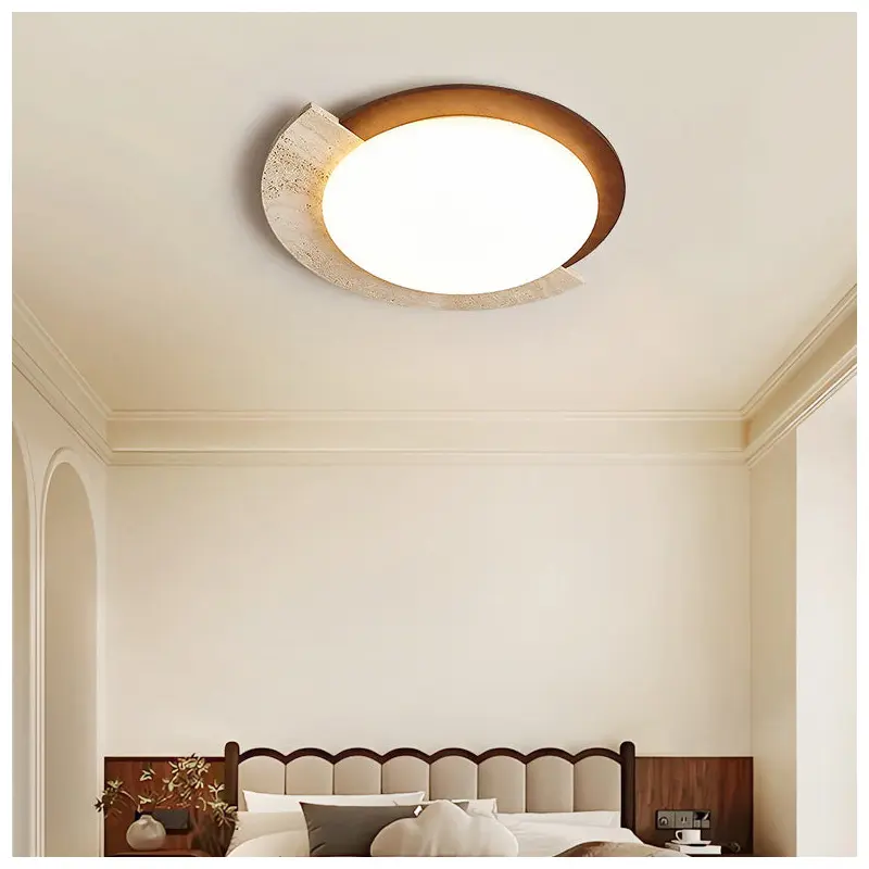 Traditional Japanese Round Travertine Acrylic LED Flush Mount Ceiling Light For Bedroom