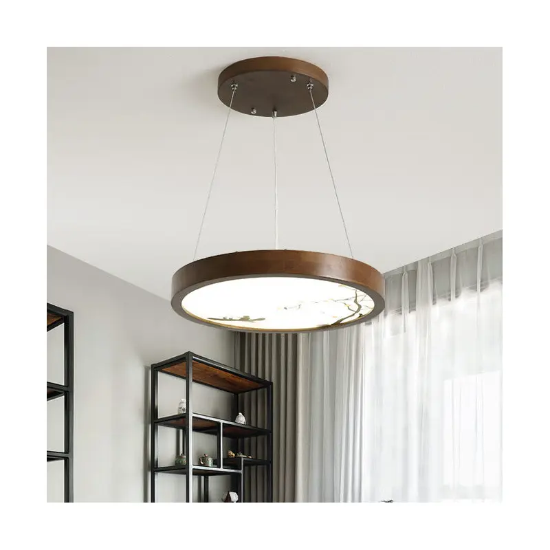 Traditional Vintage Round Wood Acrylic LED Chandelier For Living Room