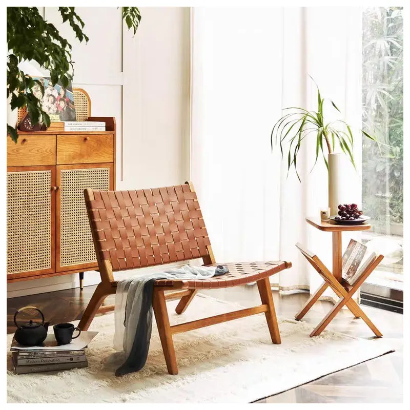 Contemporary Boho Saddle Leather Solid Wood Chair Backrest Armless For Living Room