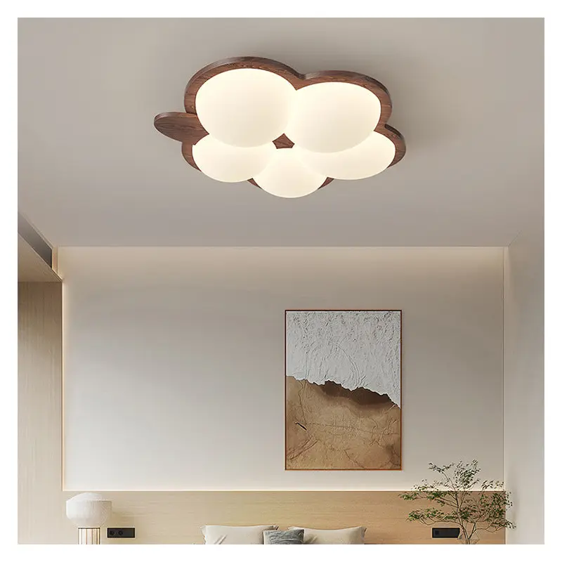 Contemporary Creative Flower Rubberwood PE LED Flush Mount Ceiling Light For Bedroom