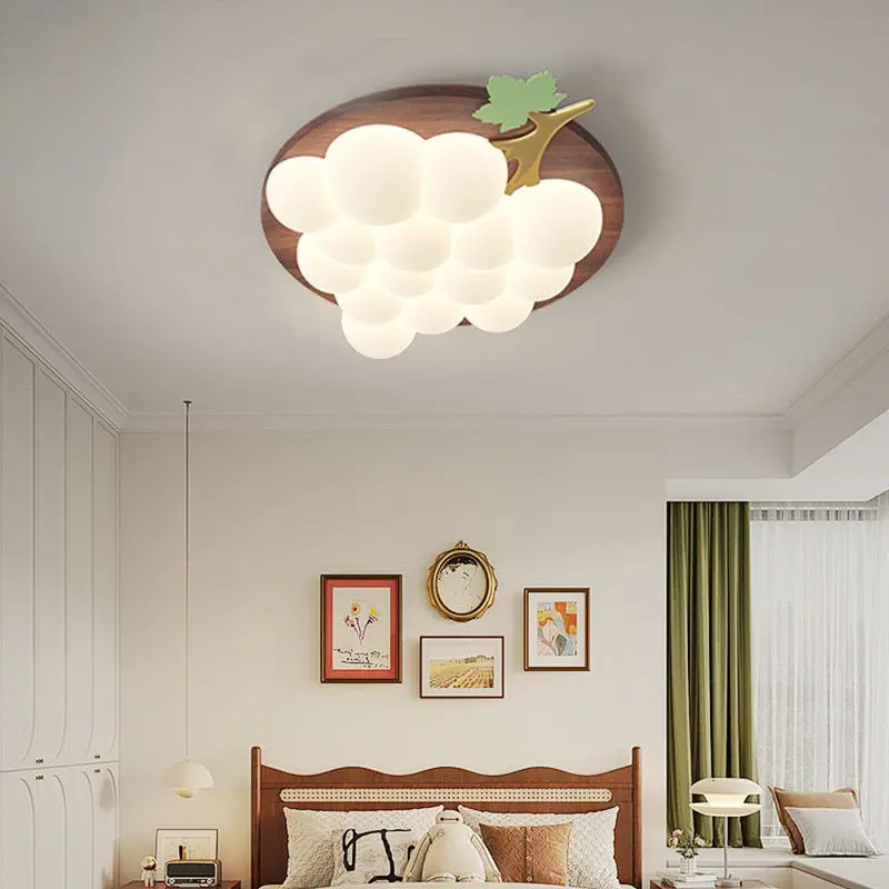 Contemporary Creative Grape Solid Wood Iron PE LED Flush Mount Ceiling Light For Bedroom
