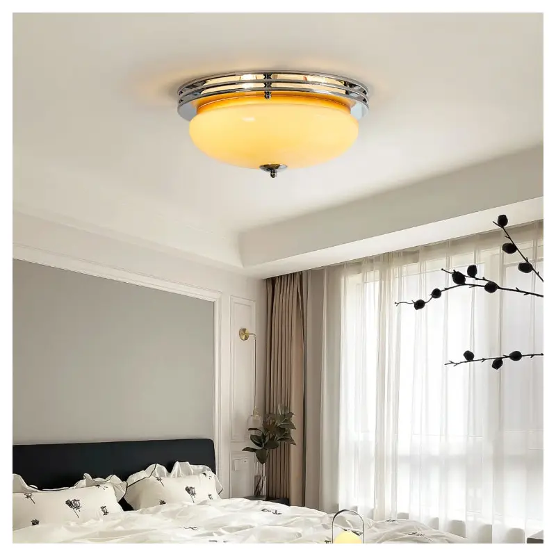 Traditional Vintage Dome Metal Glass LED Flush Mount Ceiling Light For Bedroom