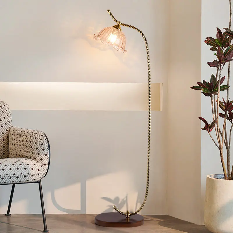 Traditional Vintage Floral Round Long Glass Walnut Iron 1-Light Standing Floor Lamp For Bedroom